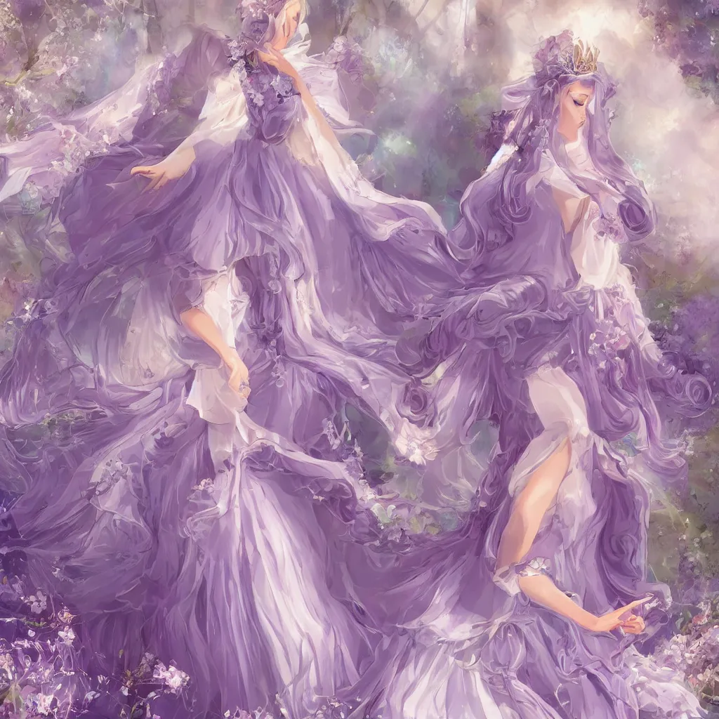 Prompt: A cover for a book, high detaile digital art of a princess, princess is bowing with the following pose, bowing her head slightly and holding the ruffles of her skirt, her dress is lavender and she wears a tiara adorned with emerald crystals, her hair is long and straight, natural morning light, anime style