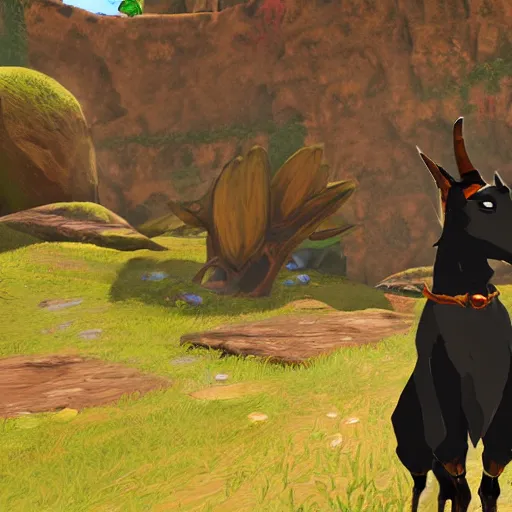 Image similar to a humanoid black goat wizard in breath of the wild, screenshot