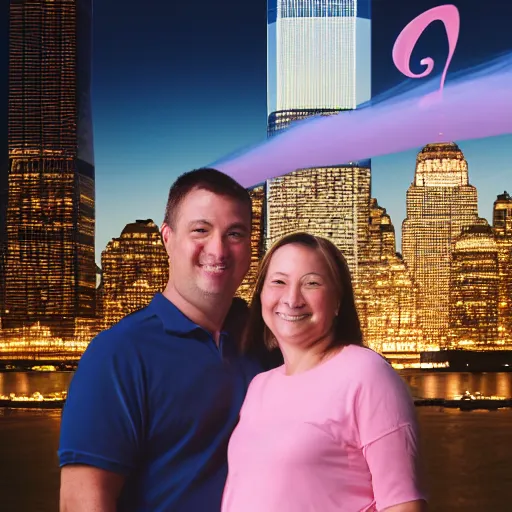 Image similar to a close up of a smiling couple of parents to be, in front of 9 / 1 1 with pink smoke, 1 2 0 mm, clear details, award winning