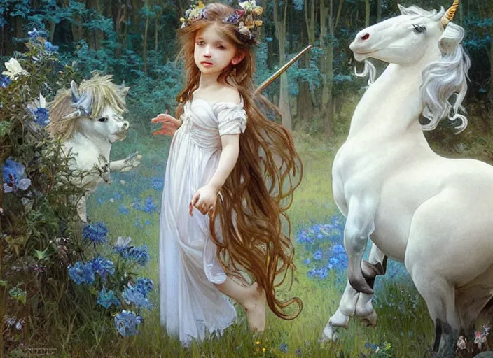 Image similar to a cute little girl with curly light brown hair and blue eyes meeting an elegant unicorn, beautiful fantasy painting by artgerm and greg rutkowski and alphonse mucha