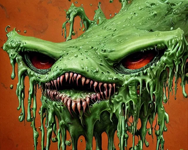 Image similar to Haunting horrifying hyperrealistic detailed painting of a tall slim spider canine creature made of slime, gelatinous green goop, heavy metal, disgusting, creepy, unsettling, and bloodshot eyeballs, hyper detailed, trending on Artstation