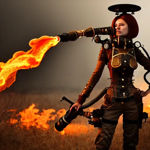 Image similar to female steampunk warrior with a flamethrower, 4k, HDR, award-winning, landscape, octane render, artstation