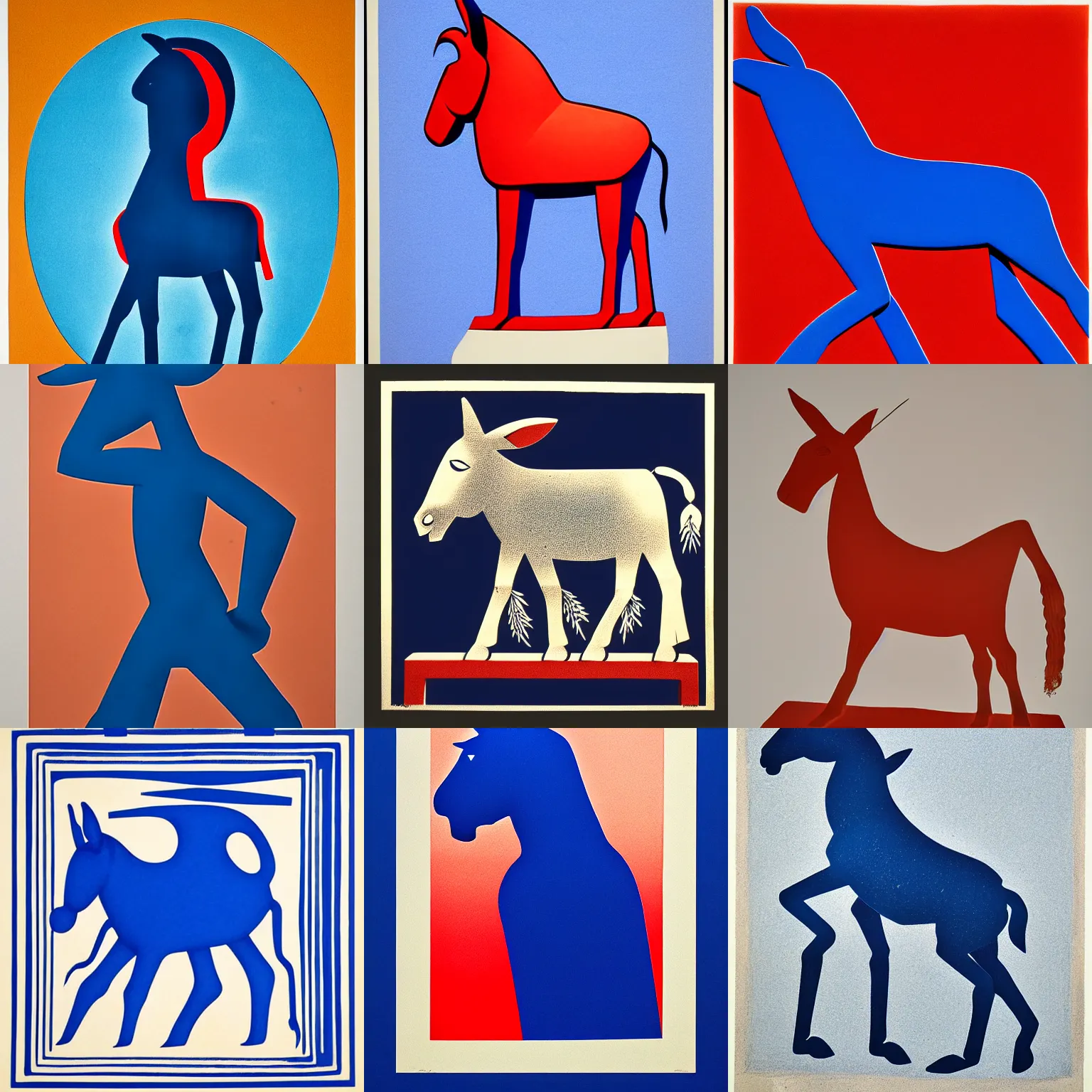 Prompt: lithograph of donkey!! cycladic sculpture, simplified, silhouette, full body, standing, solid colors, block print, iconic, side view, centered, white background, ultramarine blue and red iron oxide