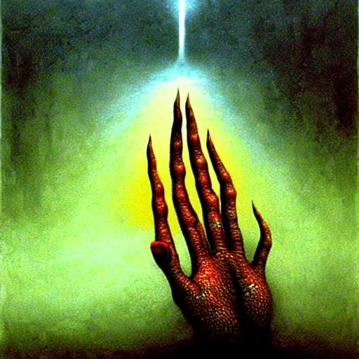 Image similar to hand reaching out of thick fog, psychedelic, zdzislaw beksinski