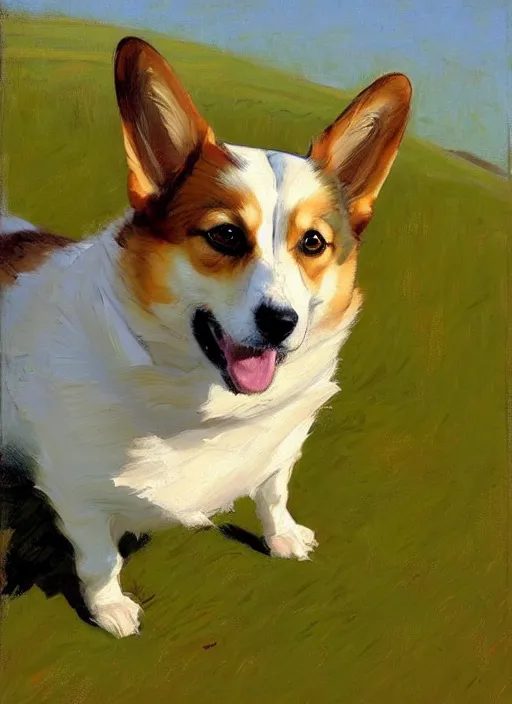 Image similar to Greg Manchess painting of an anthropomorphic Corgi, countryside, calm, fantasy character portrait, dynamic pose, above view, sunny day, artwork by Jeremy Lipkin and Giuseppe Dangelico Pino and Michael Garmash and Rob Rey, very coherent asymmetrical artwork, sharp edges, perfect face, simple form, 100mm