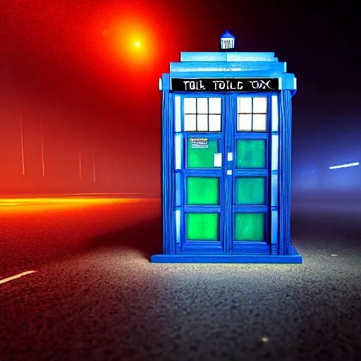 Image similar to a hyperdetailed photograph of the tardis sat on a futuristic street corner, night, dense fog, rain, hd, 8 k resolution