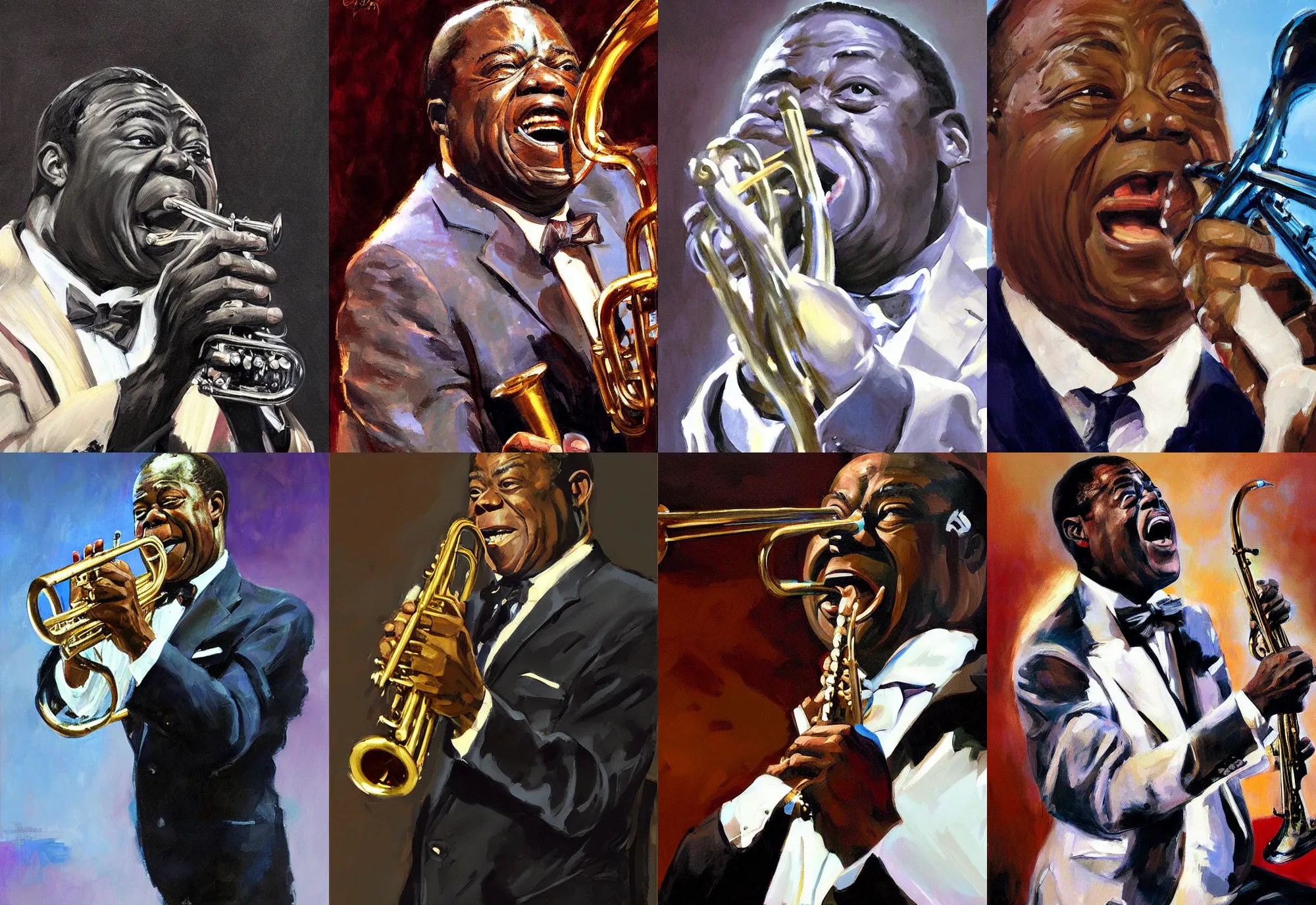 Prompt: a portrait of louis armstrong singing, ( ( ( ( ( ( ( ( ( ( trumpet ) ) ) ) ) ) ) ) ) ), by greg manchess, dramatic lighting, highly detailed digital painting