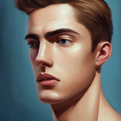 Image similar to man in his twenties with brown blond short quiff hair and thin slightly round facial structure with cleft chin, straight eyebrows and prominent nose, good definition of cheekbones, big hazel nut brown eyes, narrow face, slim body, atmospheric lighting, painted, intricate, 4k, highly detailed by Charlie Bowater