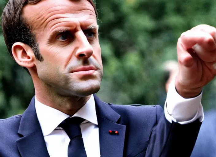Prompt: hyper realistic, production still of emmanuel macron playing mr smith in matrix ( 1 9 9 9 ), 4 k, highly detailed, anamorphic