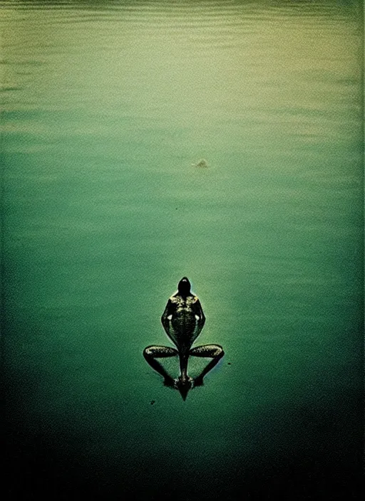 Image similar to “semitransparent frog vertically hovering over misty lake waters in jesus christ pose, semi translucent body, low angle, long cinematic shot by Andrei Tarkovsky, paranormal, eerie, mystical”