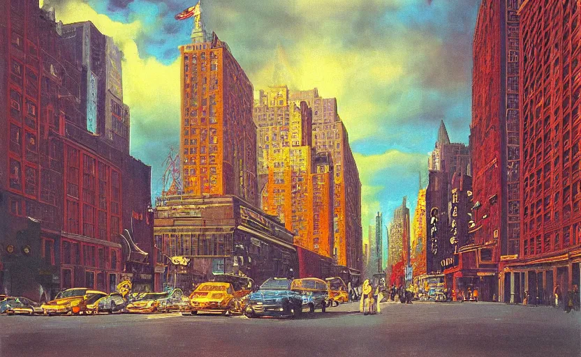 Prompt: new york city, disturbing colorful oil painting dutch golden age architecture sparse composition with strange gooey transparent surfaces shiny metal reflections bizarre sun rachel ruysch dali todd schorr very detailed perfect composition rule of thirds masterpiece canon 5 0 mm, cinematic lighting, photography, retro, film, kodachrome