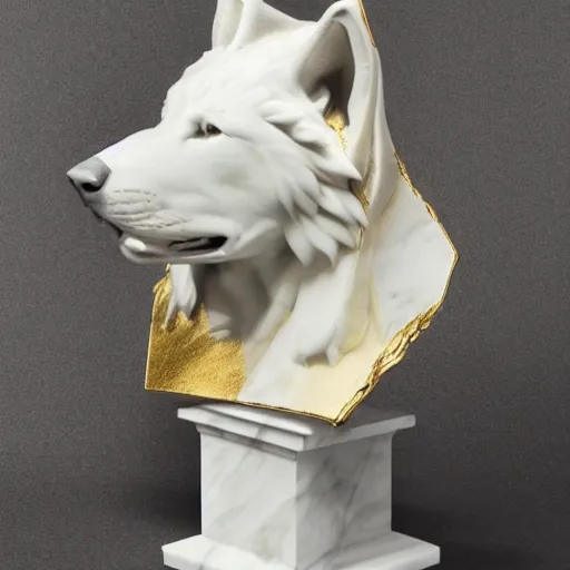 Image similar to a white marble bust of a wolf with gold filigree