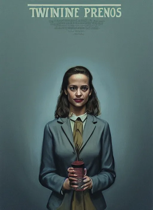 Image similar to twin peaks movie poster art, portrait of a smiling alicia vikander, from scene from twin peaks, clean, simple illustration, nostalgic, domestic, highly detailed, digital painting, artstation, concept art, smooth, sharp focus, illustration, artgerm, donato giancola, joseph christian leyendecker, wlop