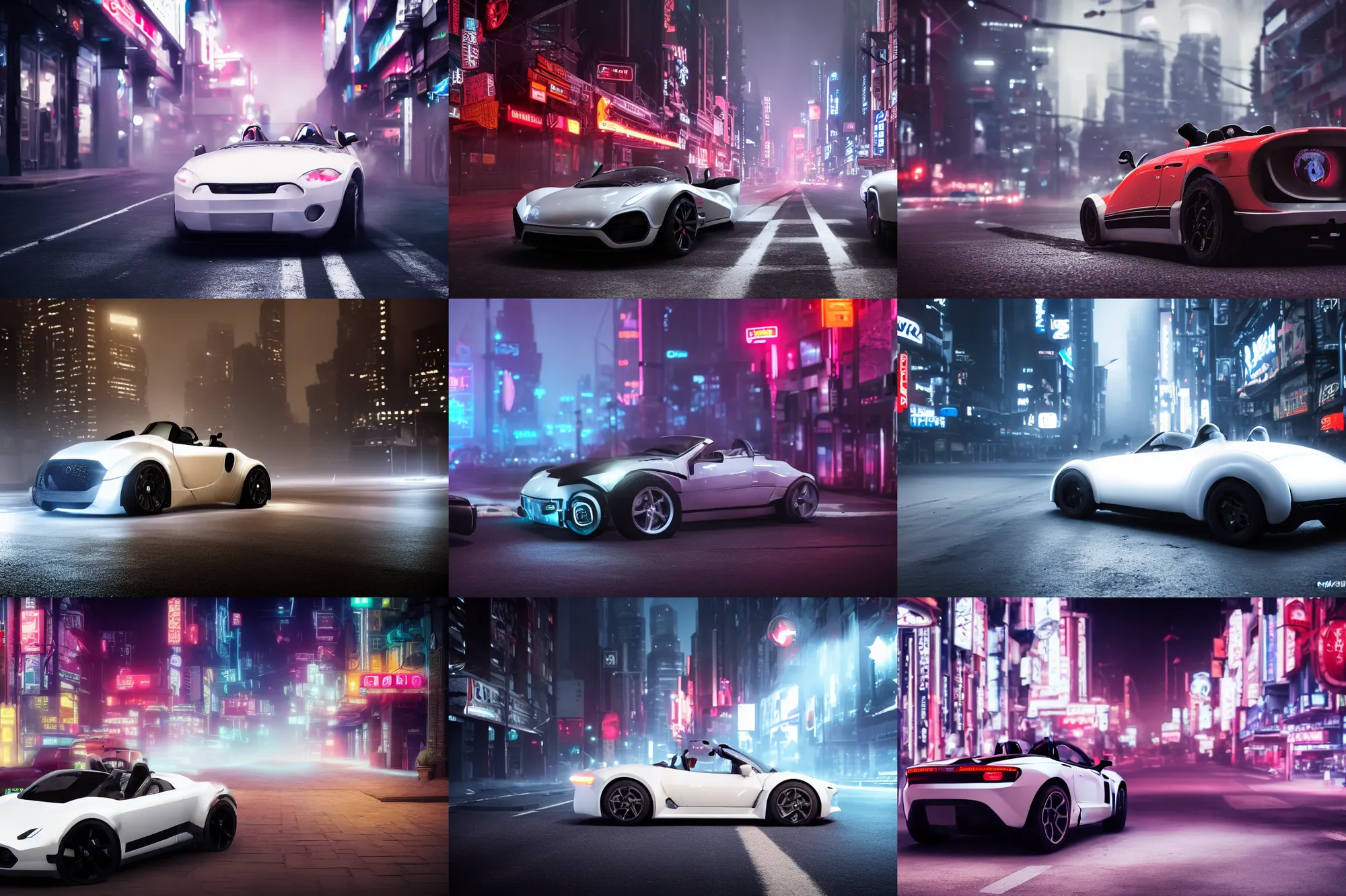 Prompt: a cool roadster with white fur material and looks like a panda parking in the street, foggy, Cyberpunk, neon light, 4k, hd, highly detailed