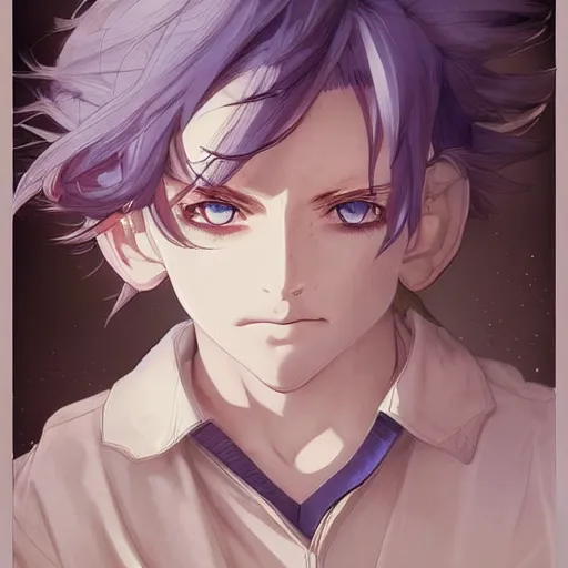 Image similar to small boy with back hair and blue purple eye, school uniform, anime style, hyper detailed, illustration, digital painting, art by artgerm and greg rutkowski and alphonse mucha, high delicate defined details, anime stylized, highly detailed