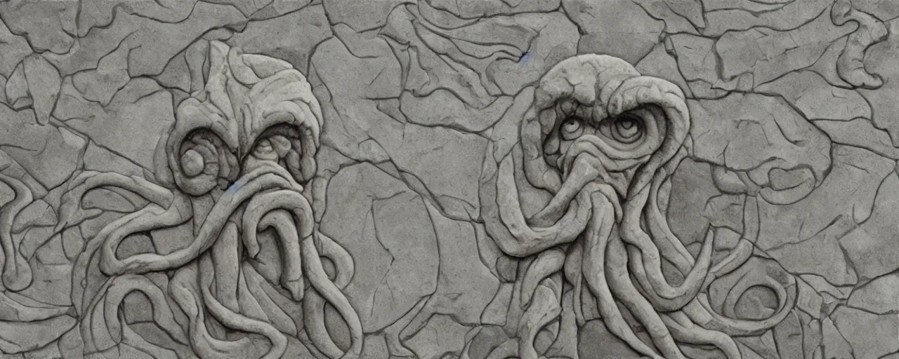 Image similar to limestone panel with Cthulhu, clean, texture, photorealistic, scenic