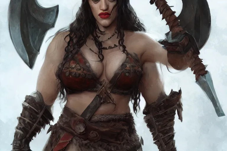 Image similar to A portrait of a Kat Dennings as a barbarian from the conan the barbarian universe by Ruan Jia and Mandy Jurgens and Artgerm and william-adolphe bouguerea, highly detailed, trending on artstation, award winning, H 768