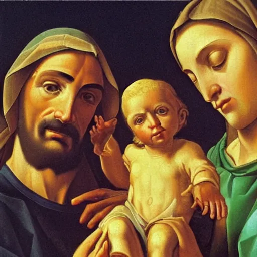 Prompt: a very detailed oil painting of the Holy Family, very detailed faces, showing Mary, Saint Joseph and Jesus, By Andrea Vaccaro