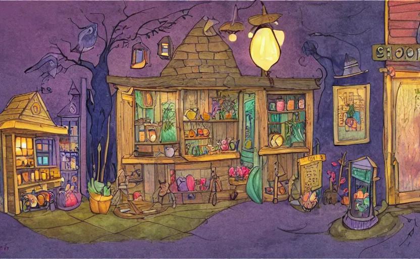 Prompt: witch's shop, storybook, gouache, flat, concept art, lush