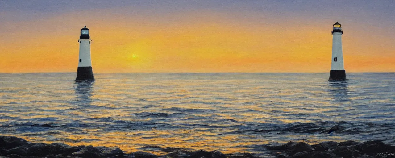 Image similar to A painting of a white lighthouse by the ocean at sunset