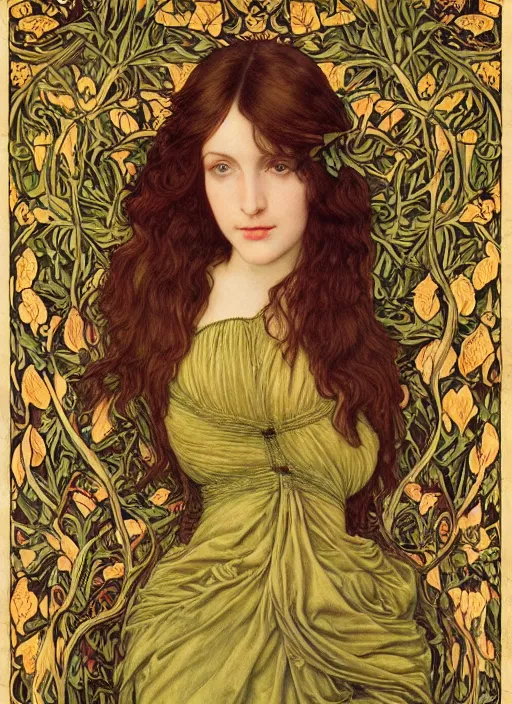 Image similar to masterpiece beautiful seductive flowing curves pose preraphaelite portrait photography, straight bangs, thick set, yellow ochre ornate medieval dress, mushroom forest arch, amongst foliage, william morris and kilian eng and mucha, framed, 4 k