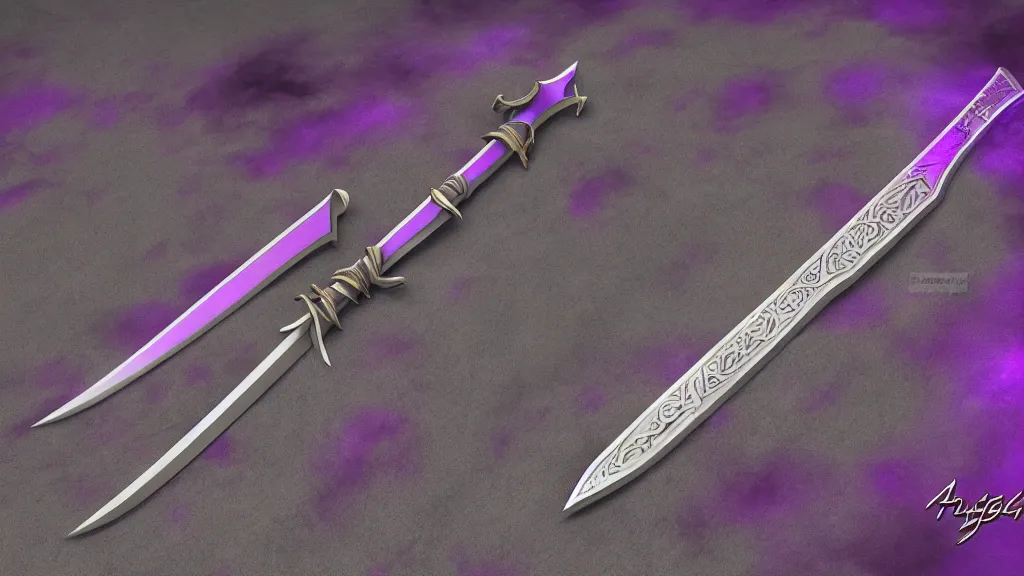 Image similar to medieval broad sword, purple aura, purple inscription on blade, intrinsic design, hyper detailed, 4 k, 8 k, octane render