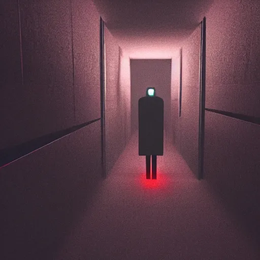 Image similar to photograph of an extremely dark narrow hallway with glowing humanoid cryptid with television static, dark deep black shadows, red and black color contrast in the style of trevor henderson, liminal space, 3 d octane render, glitch effect