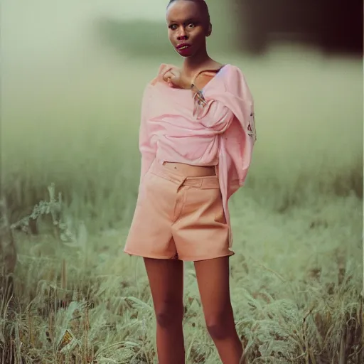 Image similar to realistic photoshoot for a new off-white lookbook, color film photography, portrait of a голая beautiful girl in style of tyler Mitchell, 35mm, graflex