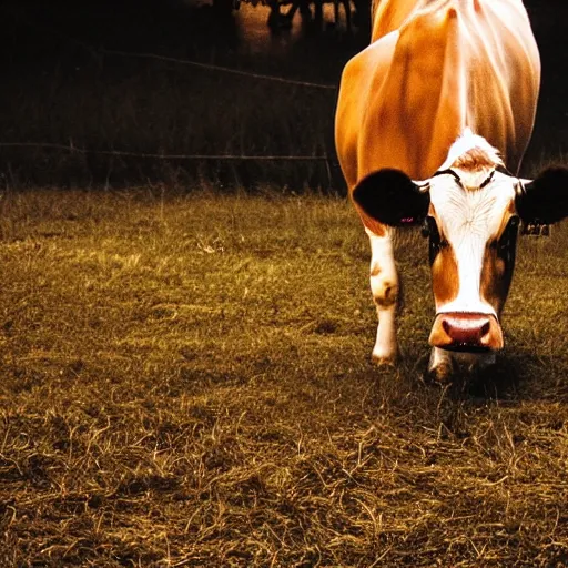 Prompt: cow staring at the camera, creepy, low light