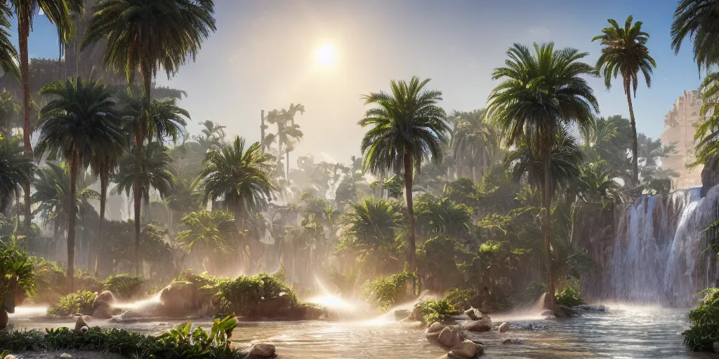 Image similar to beautiful oasis waterfalls surrounded by palm trees, moroccan tile archways, date trees, ivory towers, sun setting, ross tran, nephilim, pyroclastic flow, ethereal, fantasy, james jean, oozium, peter morbacher angelarium alchemy luxury heavenly light soft illumination, trending on artstation, cinematic lighting, digital painting, octane render, artgerm