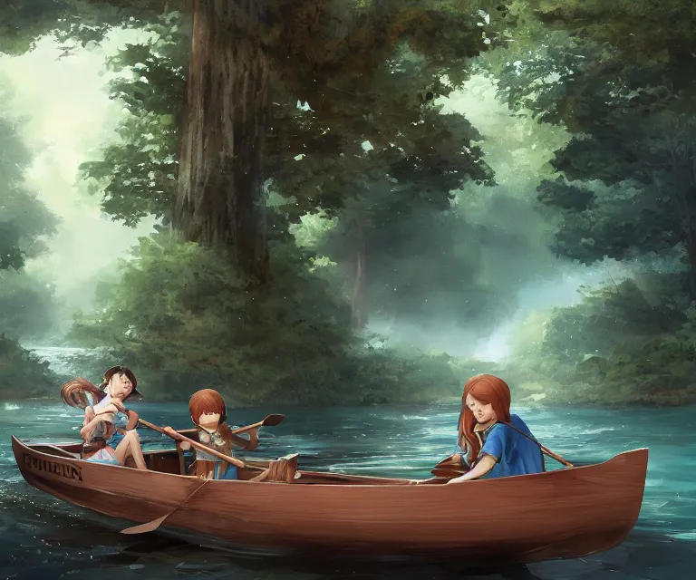 Image similar to one girl with long, flowing auburn hair, and one boy with short brown hair sitting together in one single small wooden paddle boat sailing down a narrow river in a forest, rocky shore, trees, shady, blue waters, ripples, waves, reflections, details, sharp focus, illustration, by Jordan Grimmer and greg rutkowski, Trending artstation, pixiv, digital art