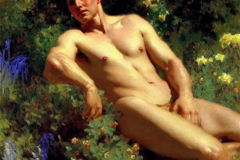 Image similar to summer, attractive male, dreamy, painting by gaston bussiere, craig mullins, j. c. leyendecker