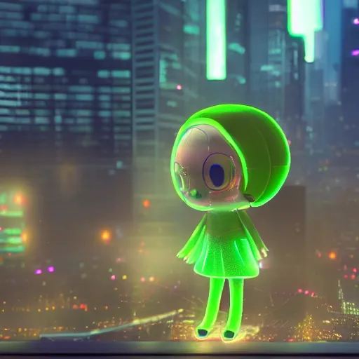 Prompt: cute fumo plush of a glowing green cyberspace hologram girl projected into a cyberpunk city, lens flare, vfx reel, vray