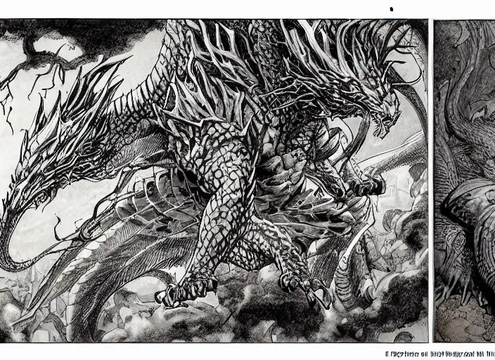 Prompt: intricate fantasy comic book drawing of a giant dragon over a castleby dariusz zawadski and alan lee and gris grimly, cinematic, epic