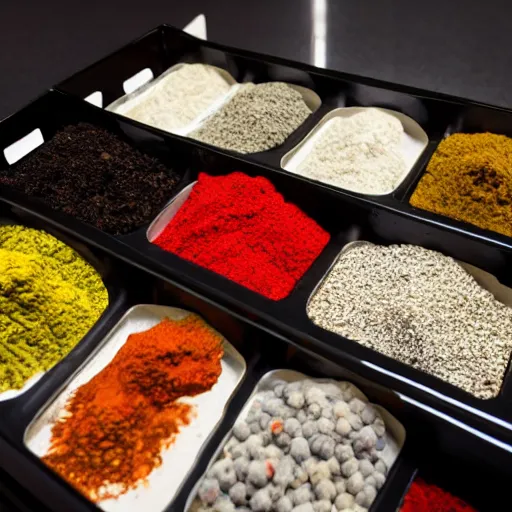 Image similar to airport customs arresting trays of spices!!, dramatic!!!, serious!, hyperdetailed, cinematic lighting, dystopian, satire