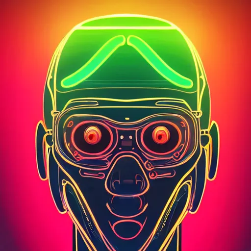 Image similar to a cyberpunk monkey, clear vector, vectorial curves, sci-fi, close-up, cybernetic implant, neon, cyberpunk, center frame portrait, 2D, matte-painting