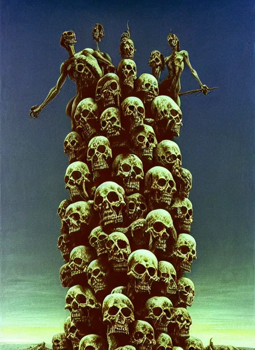 Image similar to a tower of skulls. highly detailed painting by zdzisław beksinski and henry fuseli. 8 k