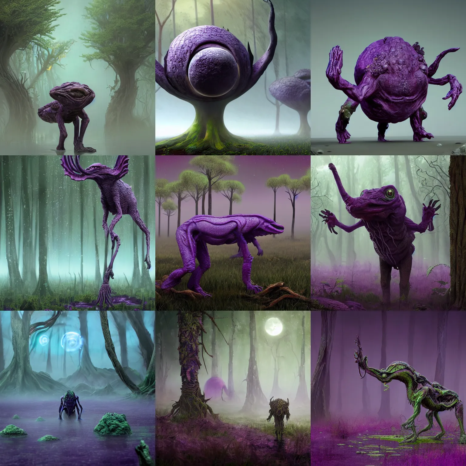Prompt: extraterrestrial creature animal like adapted to swamps made of fertile purple mud and bulbous trees biomes, speculative evolution exobiology astrobiology, sci - fi illustration realistic naturalistic art weta ilm cgi atmospheric fog bloom vignette film grain artstation