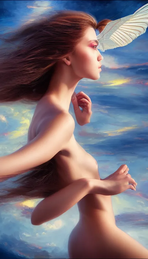 Image similar to photo of a gorgeous young girl flying, searching for eternity in the style of stefan kostic, realistic, sharp focus, 8k high definition, high fashion, vogue, insanely detailed, intricate, elegant, art by stanley lau and artgerm, sigma 85mm art