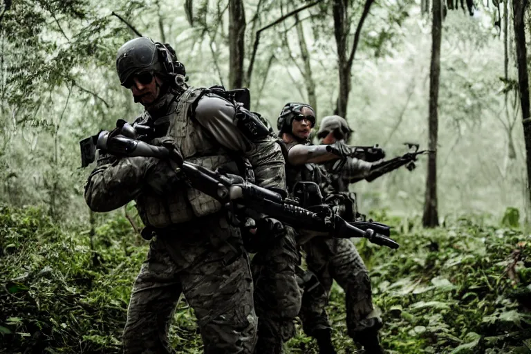 Prompt: Mercenary Special Forces soldiers in grey uniforms with black armored vest in a battlefield in the jungles 2022, Canon EOS R3, f/1.4, ISO 200, 1/160s, 8K, RAW, unedited, symmetrical balance, in-frame, combat photography