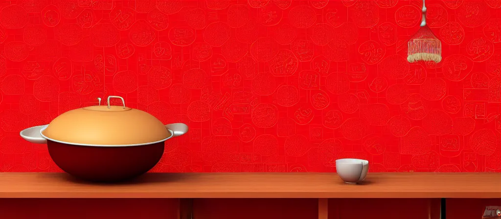 Image similar to a beautiful simple 4 k hd red wall paper illustration of roasted string hotpot, red wallpaper design, simple style, gourmet style, commercial kebab hotpot wallpaper display, wall painting, from china, with merchant logo, simple structure, surrealistic, chinese style, victo ngai, james jean, denoise, deblurring