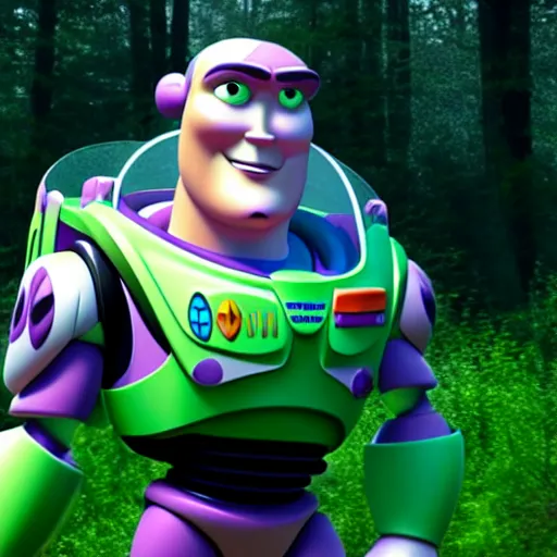 Image similar to realistic buzz lightyear in the woods with scary 4 k quality super realistic