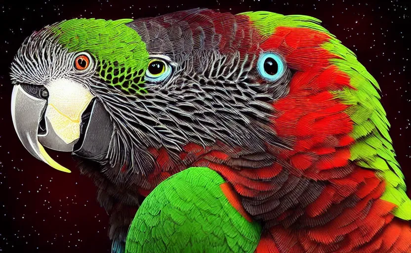 Image similar to “Portrait of a parrot” wearing a beautiful Costume , on a dark nebula background” digital Art, concept Art, highly detailed, 3-D 4K, trending on art station, Award winning, Mark Brooks,