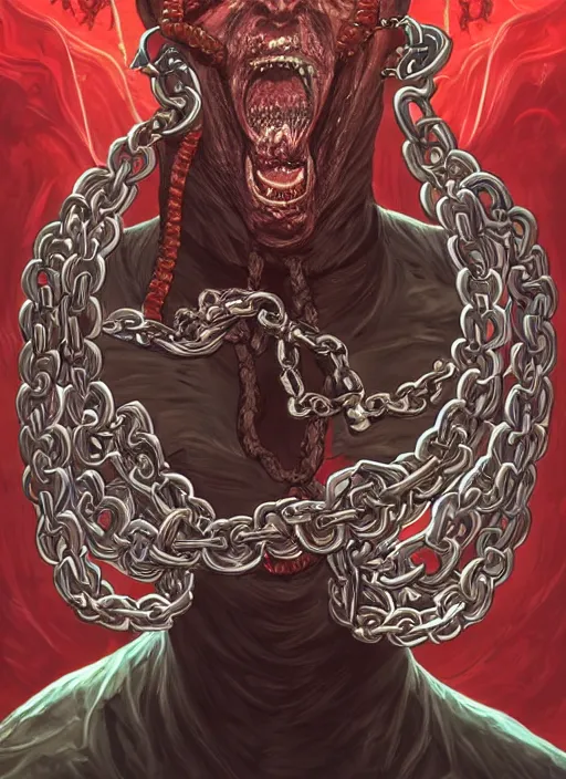 Image similar to lucifer, dark angel, hybrid human with snake, red eyes, chain, handcuffs, large chain, wide open mouth, scream, cruelty, sea bottom, light effect, highly detailed, artstation, concept art, matte, sharp focus, illustration, by dan mumford, yusuke murata, makoto shinkai, ross tran