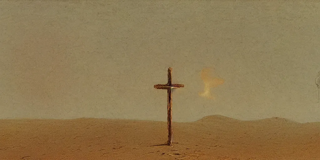 Image similar to A burning cross in the middle of the desert drawn by Caspar David Friedrich, dune, highly detailed