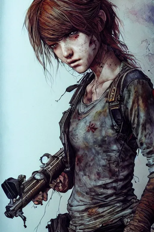 Prompt: ellie from the last of us, dirt, fashion, fantasy, art by ayami kojima, vasnetsov, cedric peyravernay