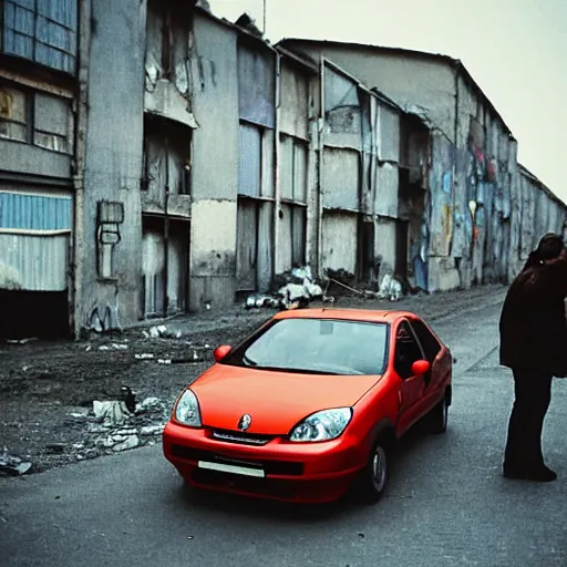 Image similar to cheap Peugeot 206 in a traffic jam in a France cyberpunk slum city called Neo Norilsk on the Moon, at night, diverse, lively, black sky full of stars, blinding sun, sci-fi, lots of flying cars, levitation, cyberpunk outfits, photorealistic, grainy, 35mm, intricate, very very beautiful, elegant, smooth, cinematic, Unreal Engine 5, by Beeple, trending on Artstation HD