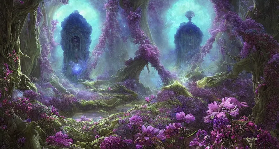 Image similar to a large alien shrine shrouded by mystic nebula magic in a field of flowers, ferdinand knab, breath - taking beautiful flowers, streams, nebula, and mist, an aesthetically pleasing, dynamic, energetic, lively, complex, intricate, detailed, well - designed digital art of magic, streams, flowers, and mist, early morning, light and shadow