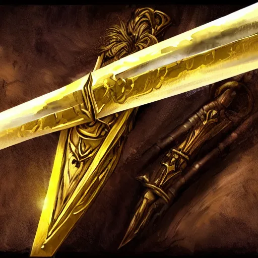 Image similar to an artwork of a giant golden sword, a broad blade sword weapon, epic fantasy style art, fantasy epic digital art, weapon only