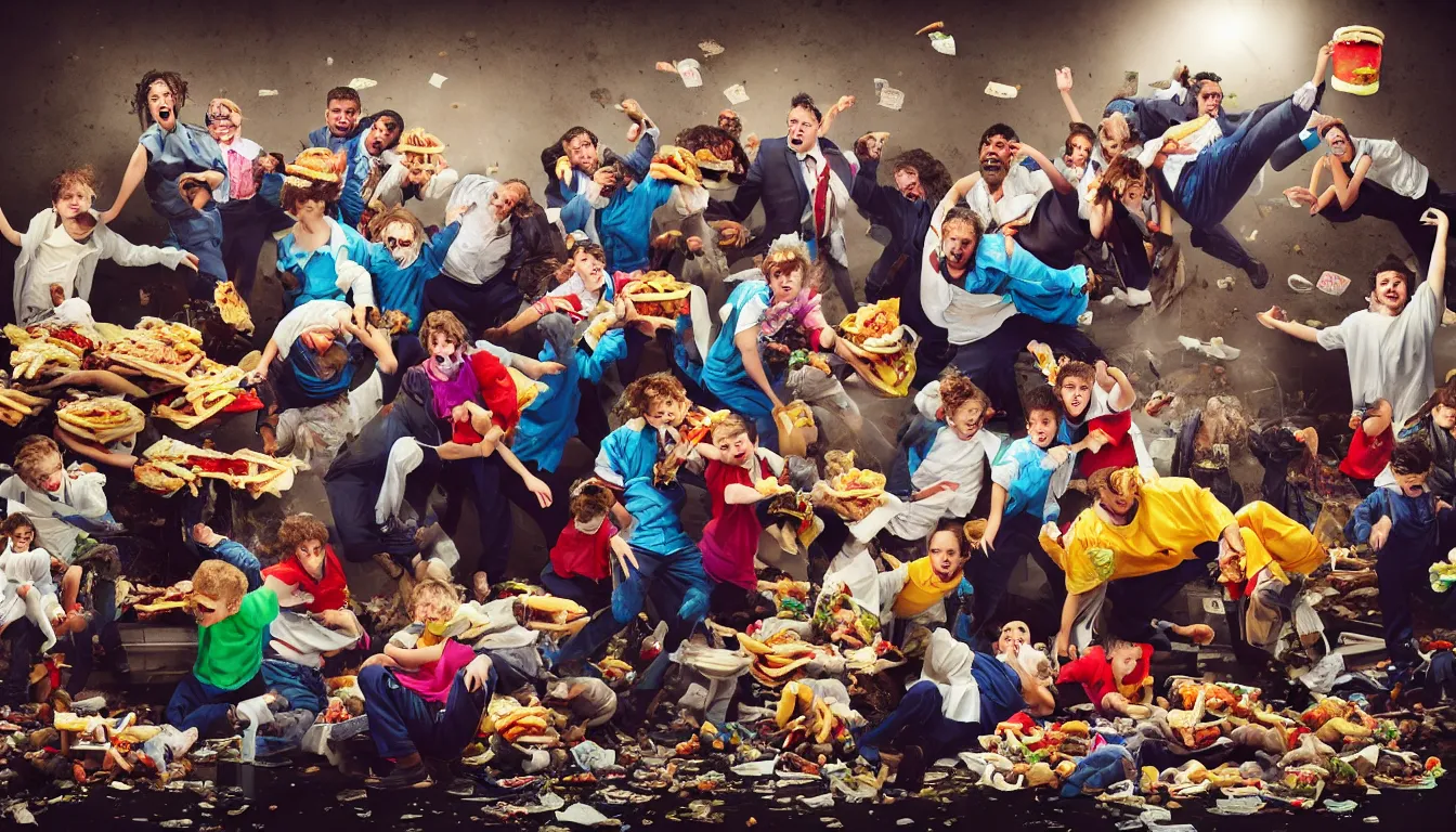 Image similar to disheveled children in rags obese men in suits and old people fighting in a fast food restaurant over piles half eaten rotting fast food, money floats in the air, hyper realistic photo, full colour, upscale, 8 k, masterpiece,